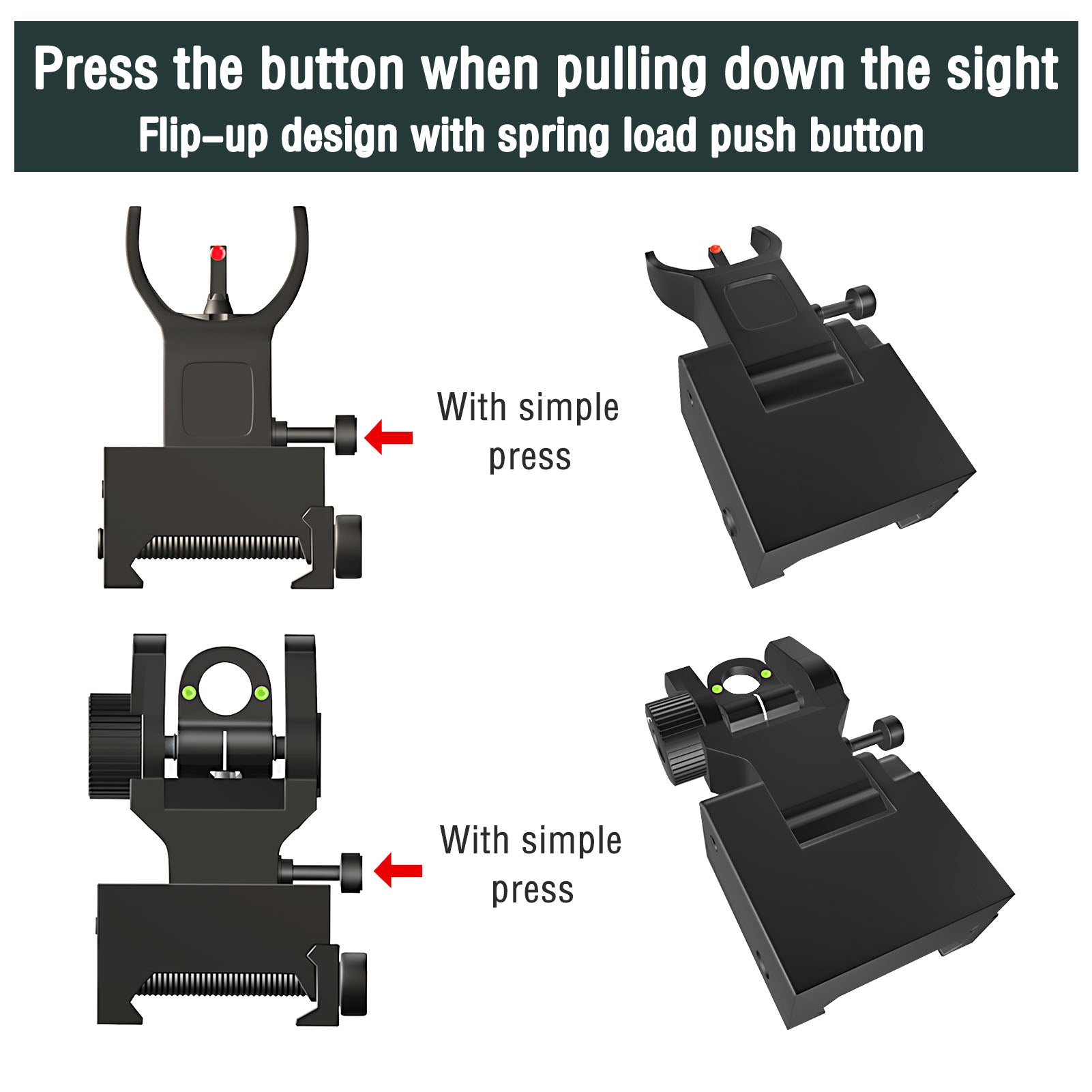 Front and Rear Iron Sights,Fiber Optic Flip Up Style Steel Backup Sights fits Picatinny & Weaver Rails Black feyachi Default Title Default Title-